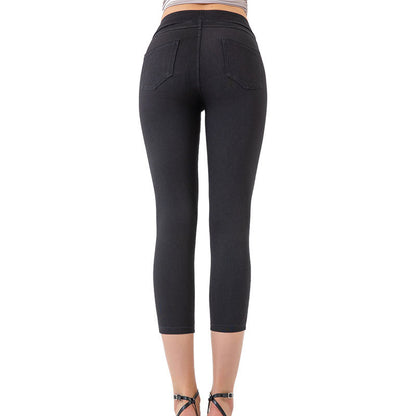 Yoga Denim Capri Pants for Women Low Waist Slim Fit High Elastic Tummy Control Fitness Casual Pants