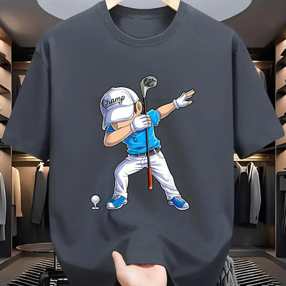 Men's Summer 100_ Cotton Fashion Sports Leisure Loose Golf Player Pattern Printed Round Neck Short Sleeve T-shirt Top Unisex